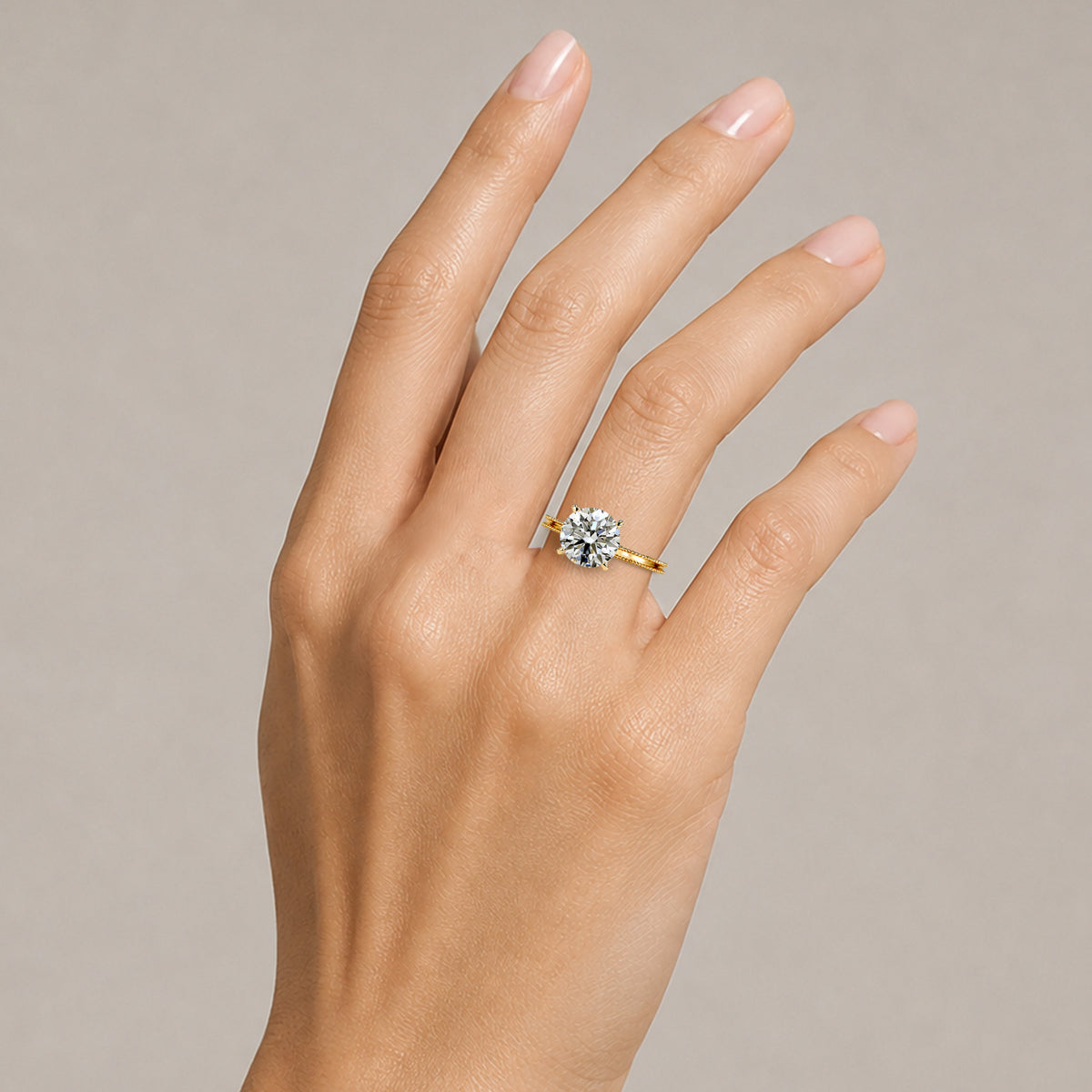 Solitaire Vintage Design Round Cut Lab Grown Diamond Tulip Basket Pave Shank Polished Milgrain Engagement Rings With Accent Diamonds #MCERL0014