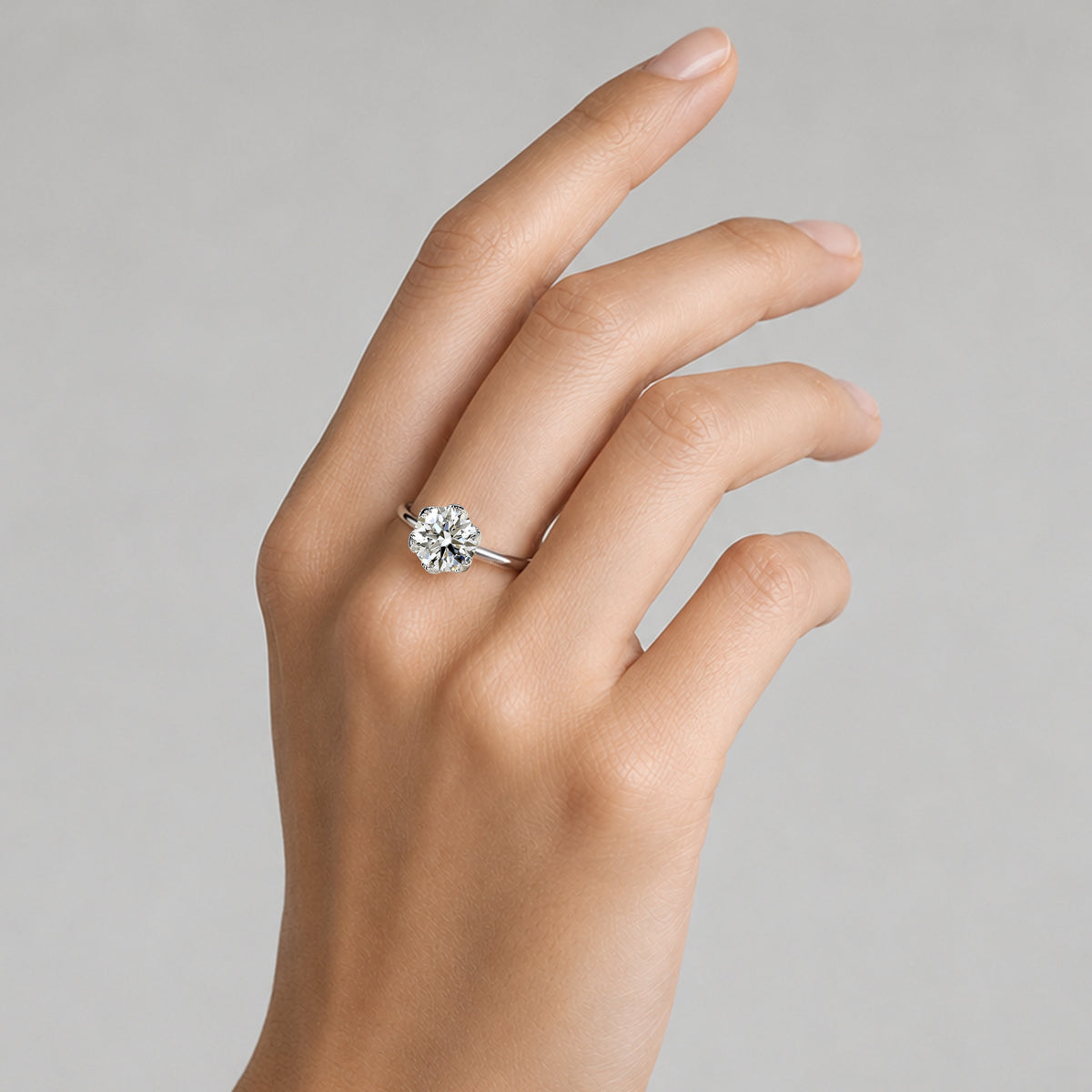 Solitaire Minimalist Nature Inspired Design Round Cut Lab Grown Diamond Tulip Basket Polished Engagement Rings #MCERL0015