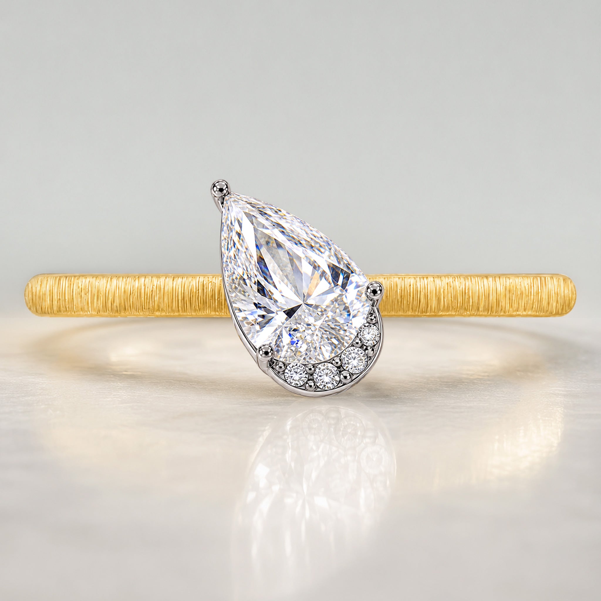 Vintage Design Pear Cut Lab Grown Diamond Center Stone Brushed Finish Engagement Ring With Round Cut Accent Stones #MCERL0025