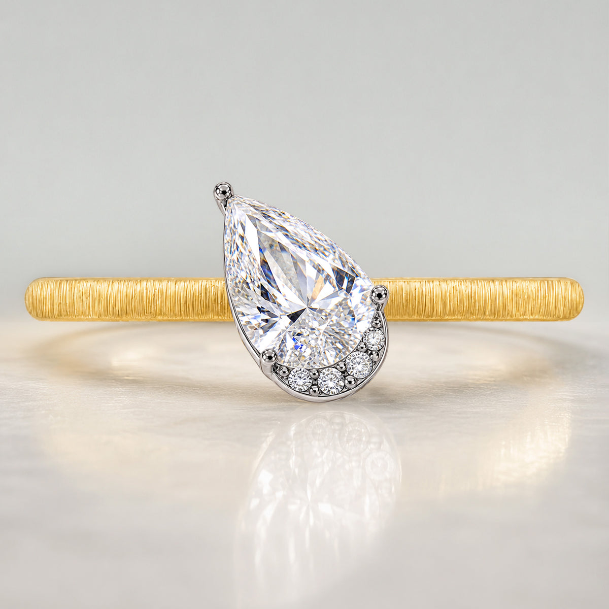 Vintage Design Pear Cut Lab Grown Diamond Center Stone Brushed Finish Engagement Ring With Round Cut Accent Stones #MCERL0025