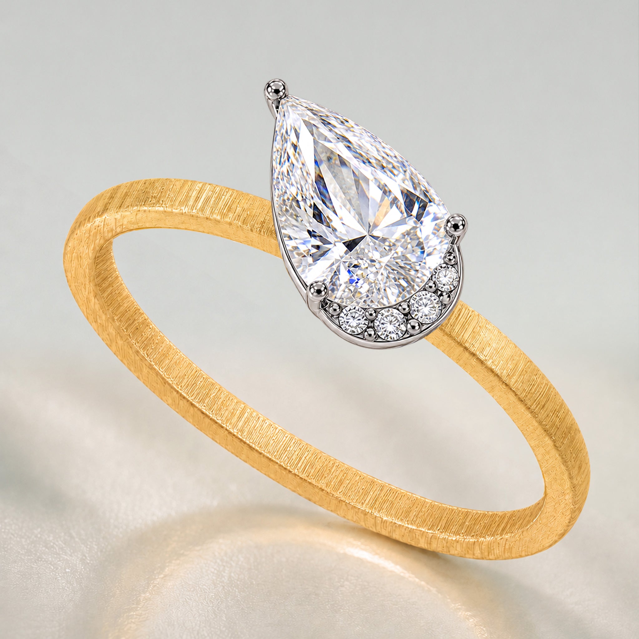 Vintage Design Pear Cut Lab Grown Diamond Center Stone Brushed Finish Engagement Ring With Round Cut Accent Stones #MCERL0025