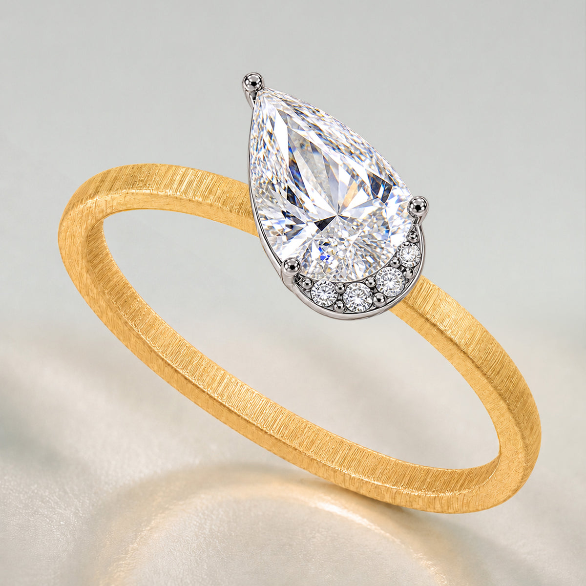 Vintage Design Pear Cut Lab Grown Diamond Center Stone Brushed Finish Engagement Ring With Round Cut Accent Stones #MCERL0025