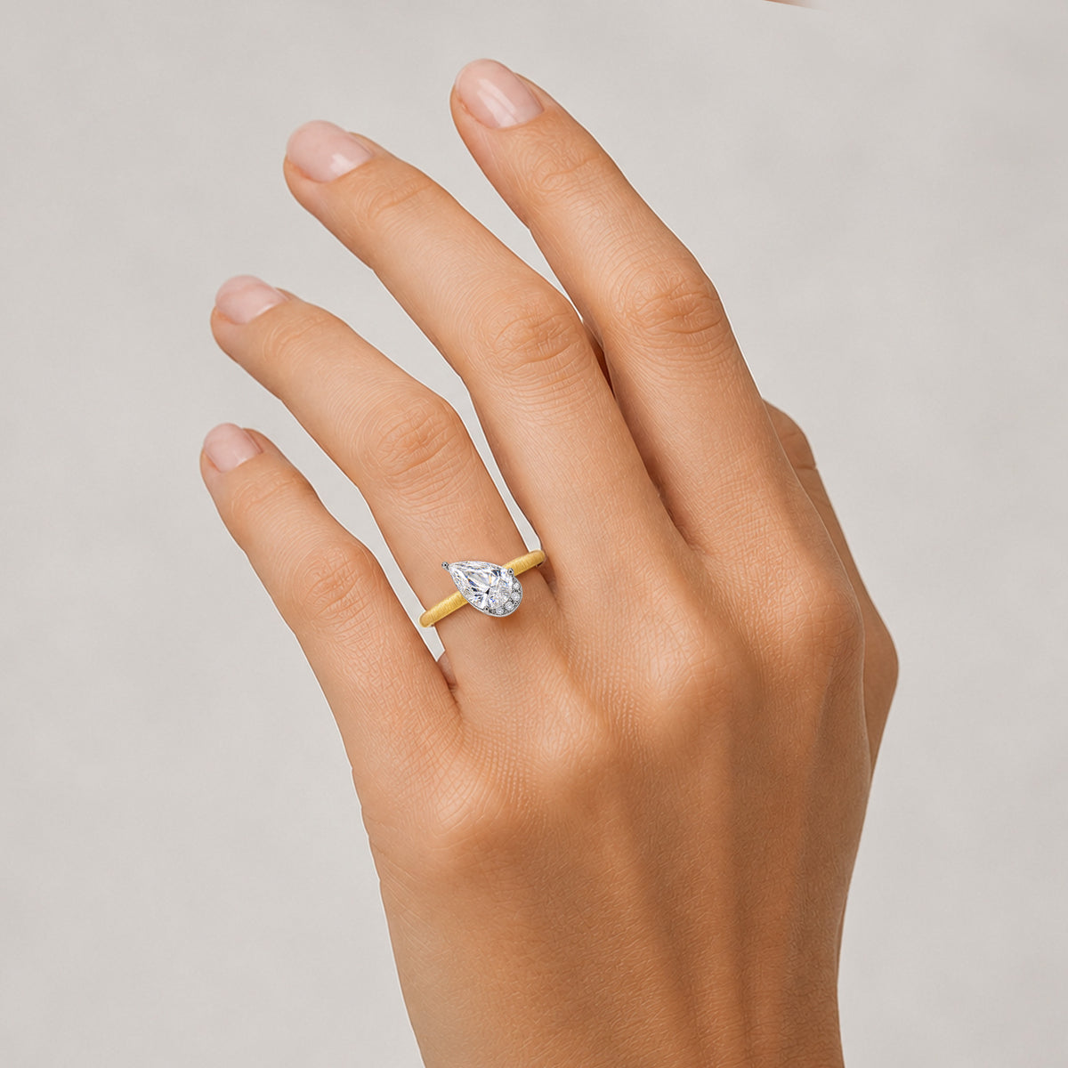 Vintage Design Pear Cut Lab Grown Diamond Center Stone Brushed Finish Engagement Ring With Round Cut Accent Stones #MCERL0025