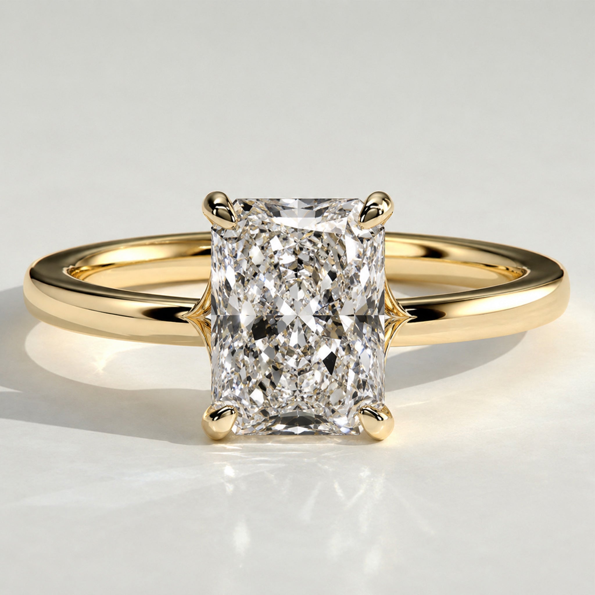 Hidden Halo Modern Design Radiant Cut Lab Grown Diamond Trellis Basket Split Shank Polished Engagement Rings With Round Cut Accent Stones #MCERL0031