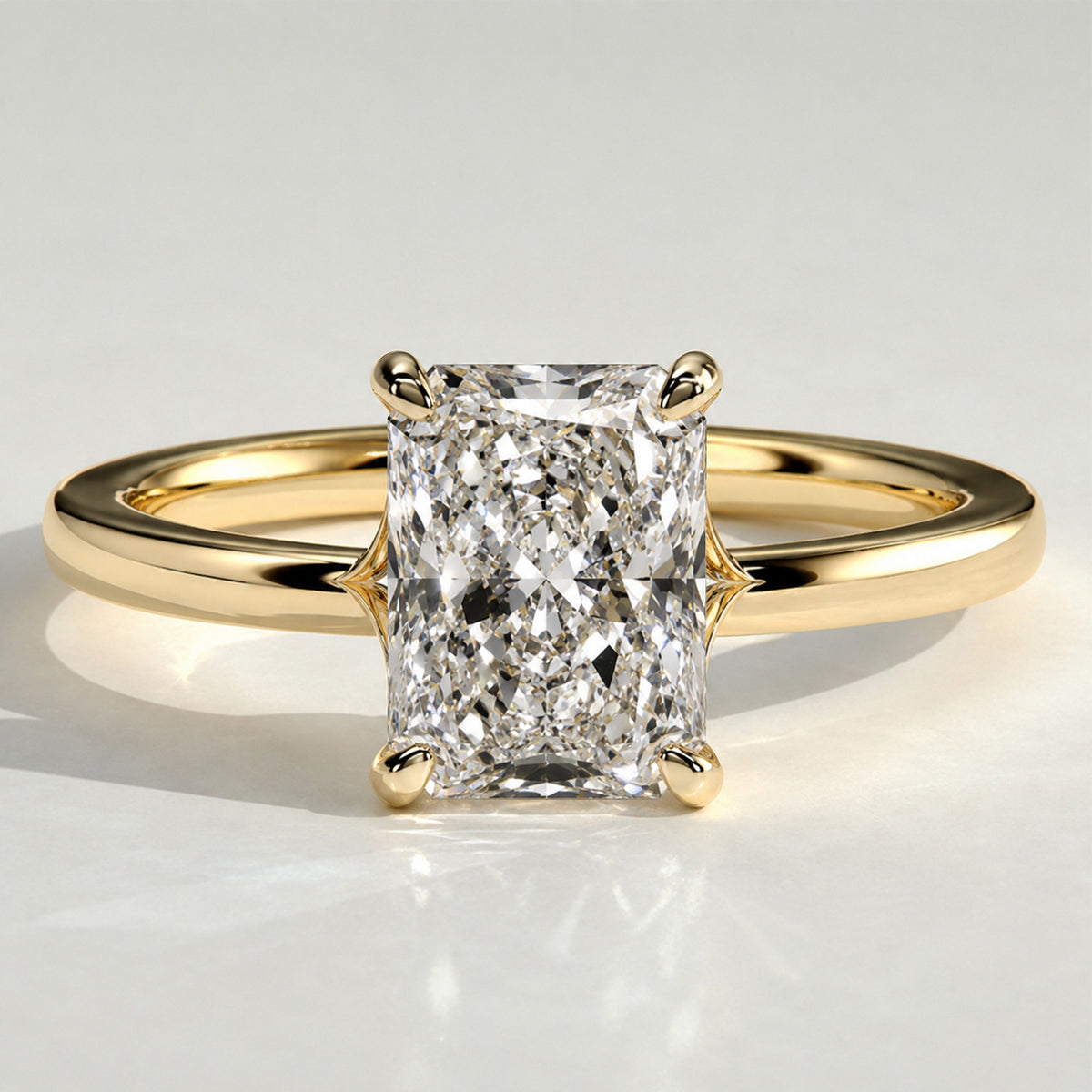 Hidden Halo Modern Design Radiant Cut Lab Grown Diamond Trellis Basket Split Shank Polished Engagement Rings With Round Cut Accent Stones #MCERL0031