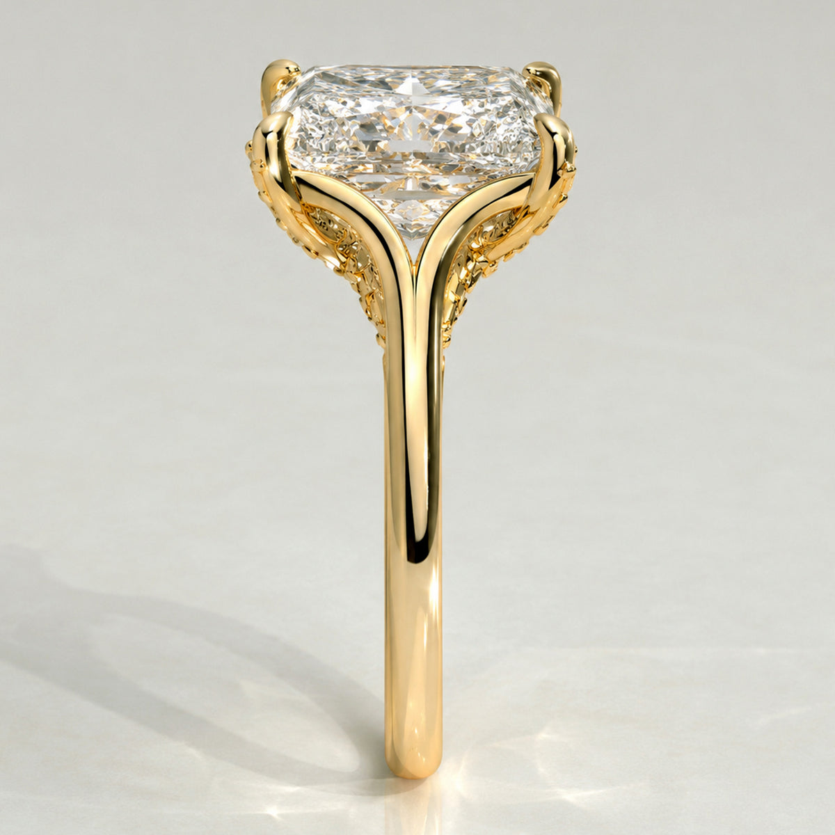 Hidden Halo Modern Design Radiant Cut Lab Grown Diamond Trellis Basket Split Shank Polished Engagement Rings With Round Cut Accent Stones #MCERL0031
