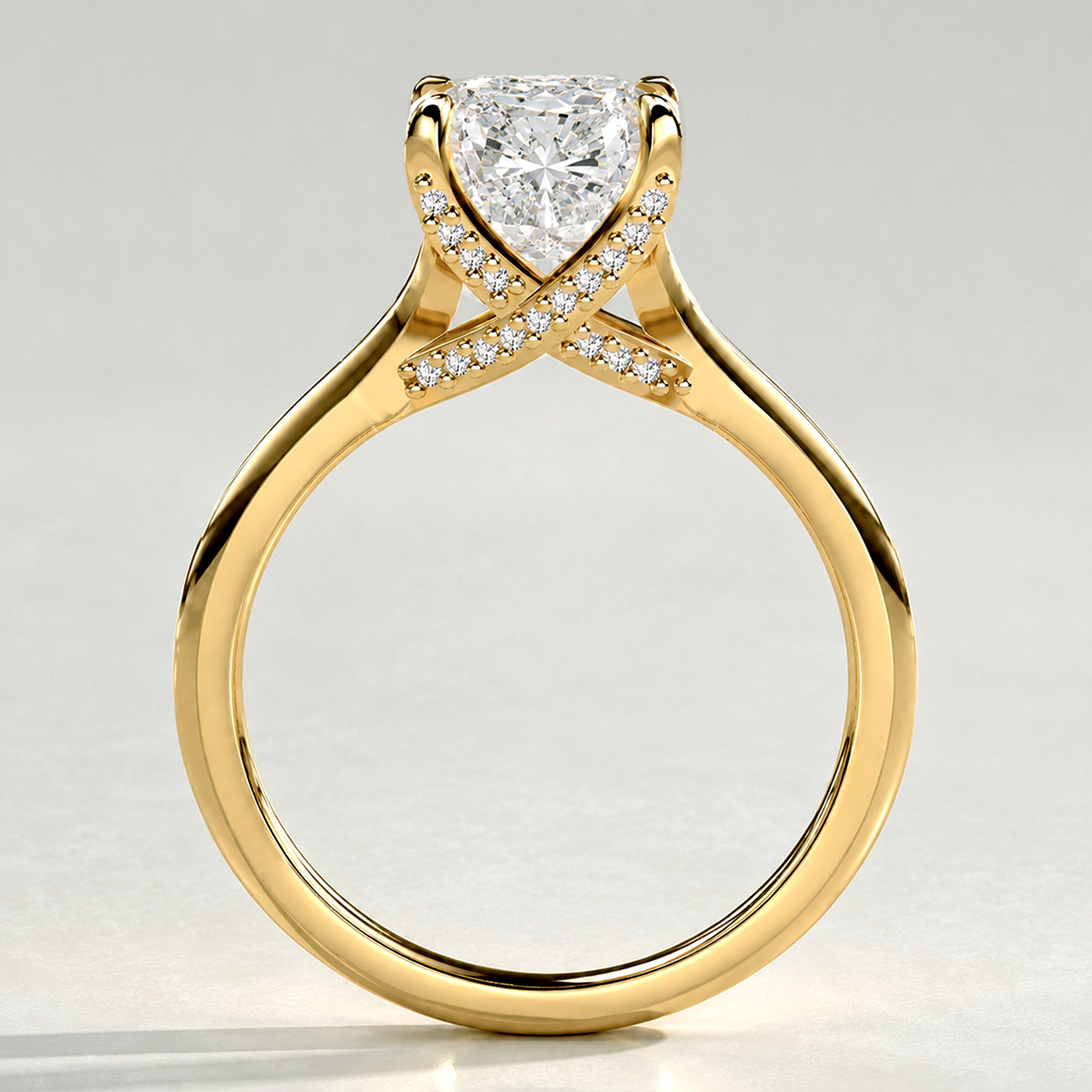 Hidden Halo Modern Design Radiant Cut Lab Grown Diamond Trellis Basket Split Shank Polished Engagement Rings With Round Cut Accent Stones #MCERL0031