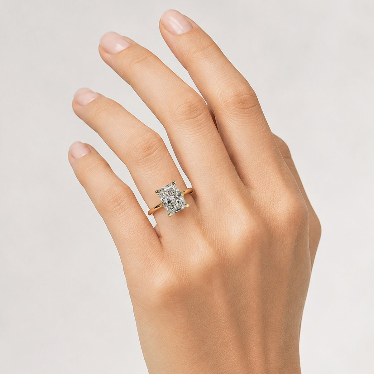 Hidden Halo Modern Design Radiant Cut Lab Grown Diamond Trellis Basket Split Shank Polished Engagement Rings With Round Cut Accent Stones #MCERL0031