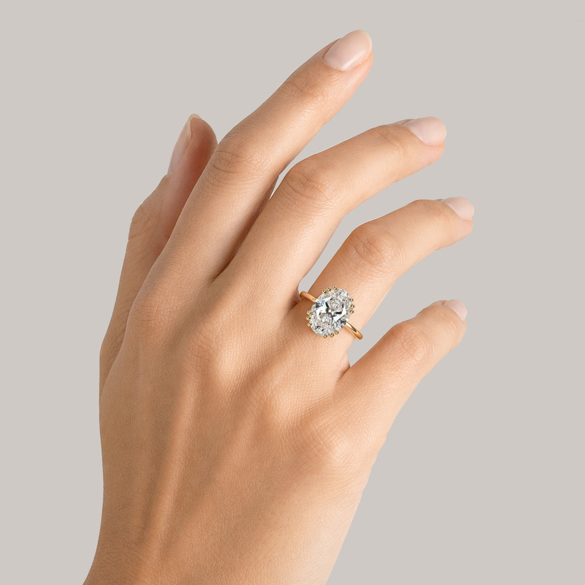 Solitaire Hidden Halo Minimalist Design Oval Cut Lab Grown Diamond Tulip Basket Polished Engagement Ring With Round Cut Accent Stones #MCERL0037