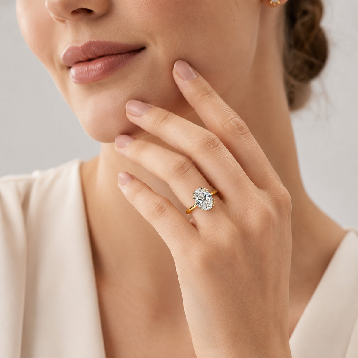 Solitaire Hidden Halo Minimalist Design Oval Cut Lab Grown Diamond Tulip Basket Polished Engagement Ring With Round Cut Accent Stones #MCERL0037