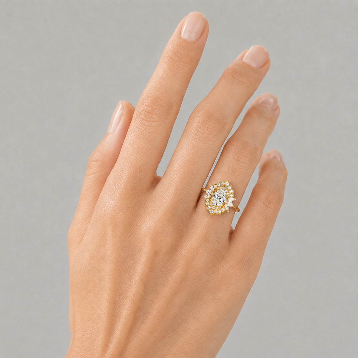 Double Halo Vintage Art Deco Design Oval Cut Lab Grown Diamond Cathedral Basket Tapered Shank Polished Engagement Ring With Round Cut And Marquise Cut Accent Stones #MCERL0038