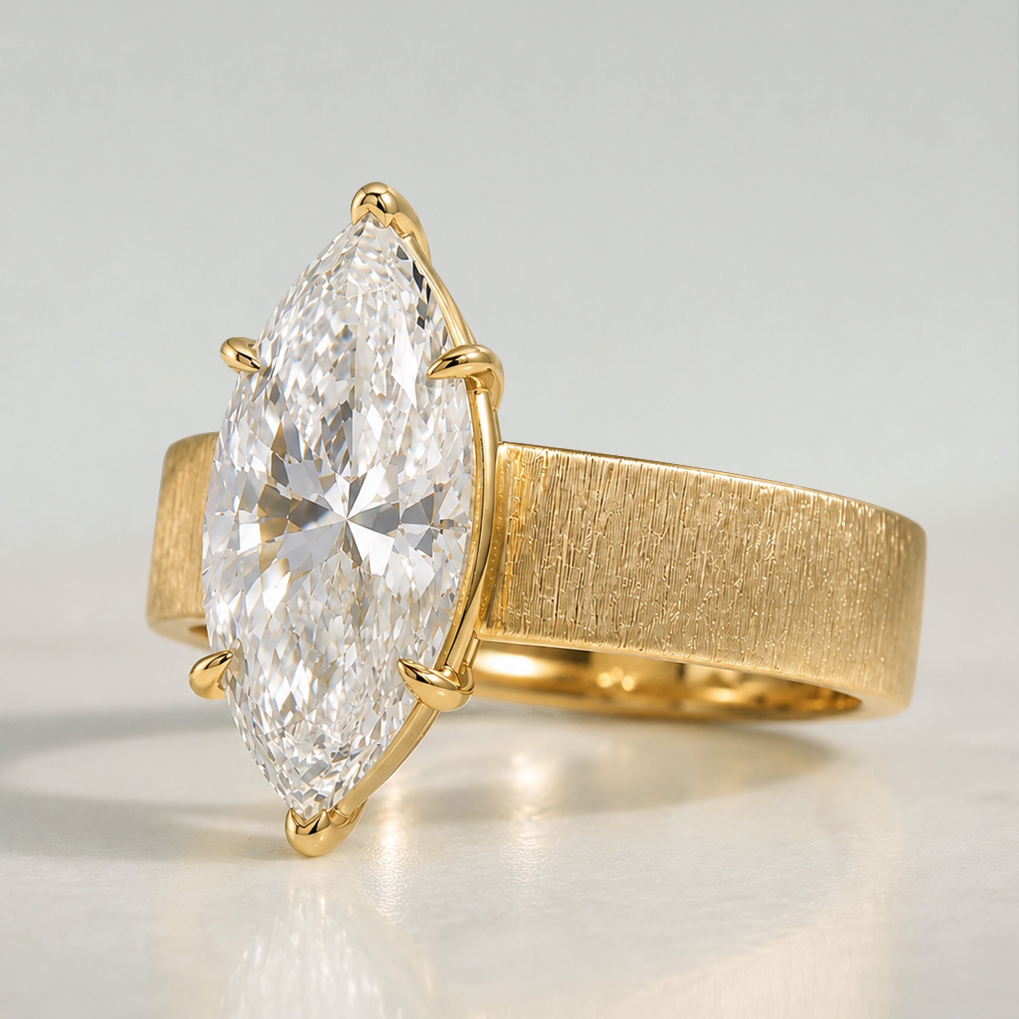 Modern Design Marquise Cut Lab Grown Diamond Center Stone Hand Brush Finish Engagement Ring #MCERL0043