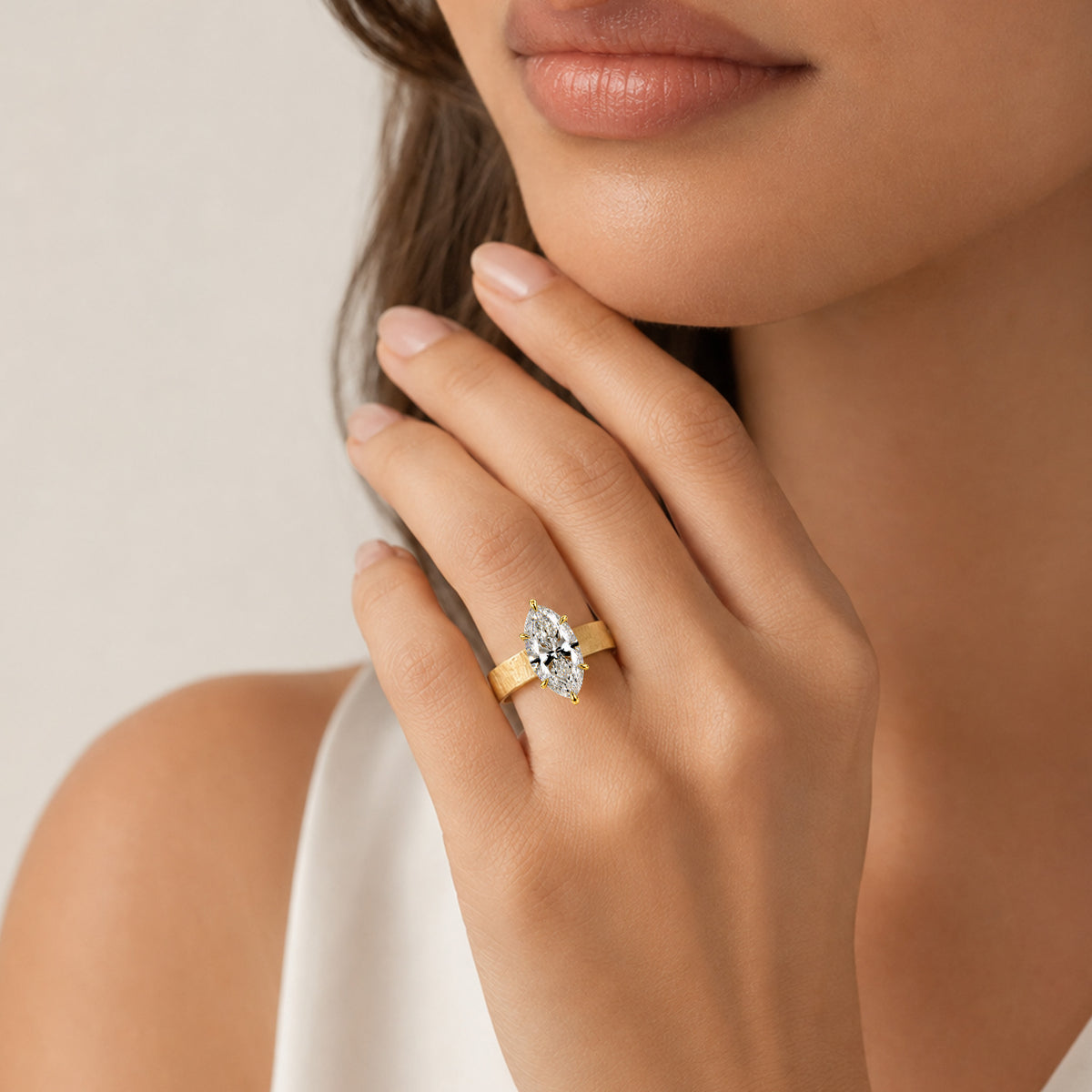 Modern Design Marquise Cut Lab Grown Diamond Center Stone Hand Brush Finish Engagement Ring #MCERL0043