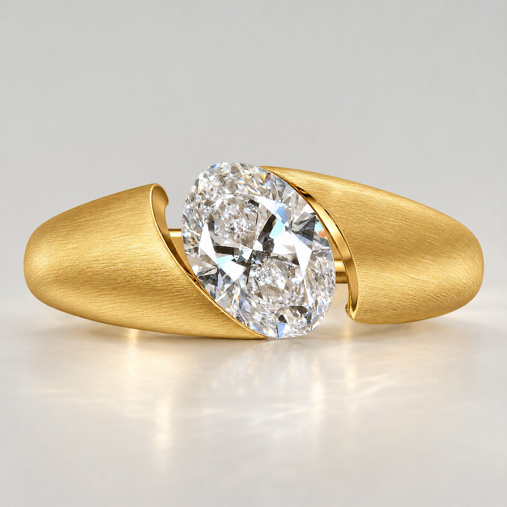 Solitaire Modern Design Oval Cut Lab Grown Diamond Center Stone Bypass Hand Brushed Finish Engagement Ring #MCERL0044