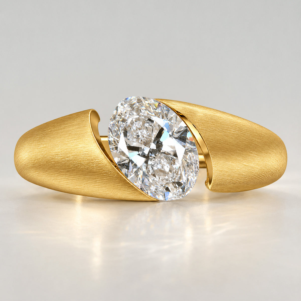 Solitaire Modern Design Oval Cut Lab Grown Diamond Center Stone Bypass Hand Brushed Finish Engagement Ring #MCERL0044