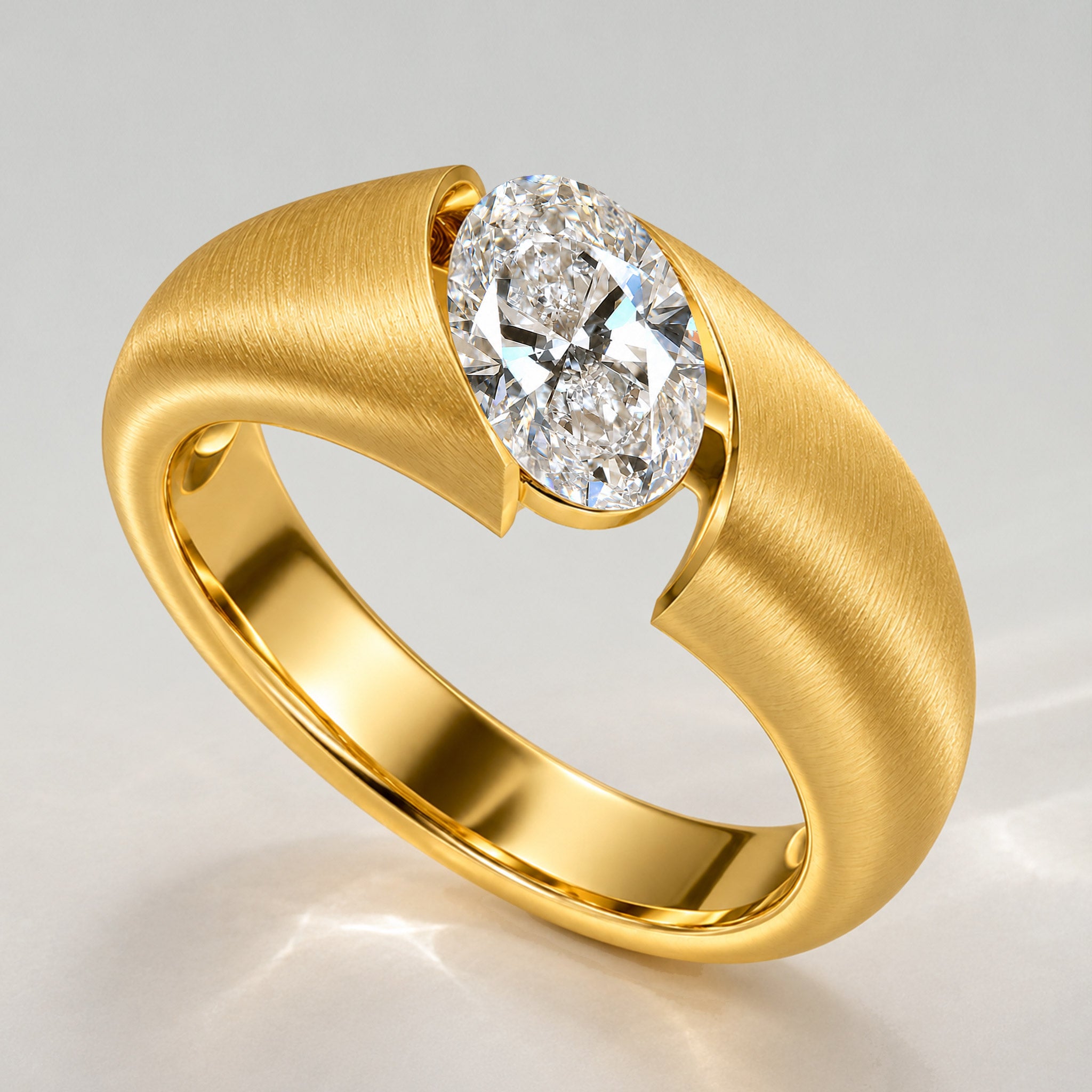 Solitaire Modern Design Oval Cut Lab Grown Diamond Center Stone Bypass Hand Brushed Finish Engagement Ring #MCERL0044
