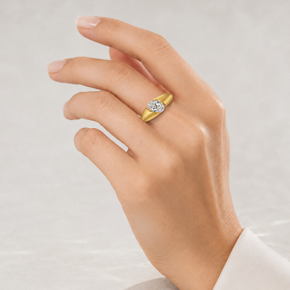 Solitaire Modern Design Oval Cut Lab Grown Diamond Center Stone Bypass Hand Brushed Finish Engagement Ring #MCERL0044