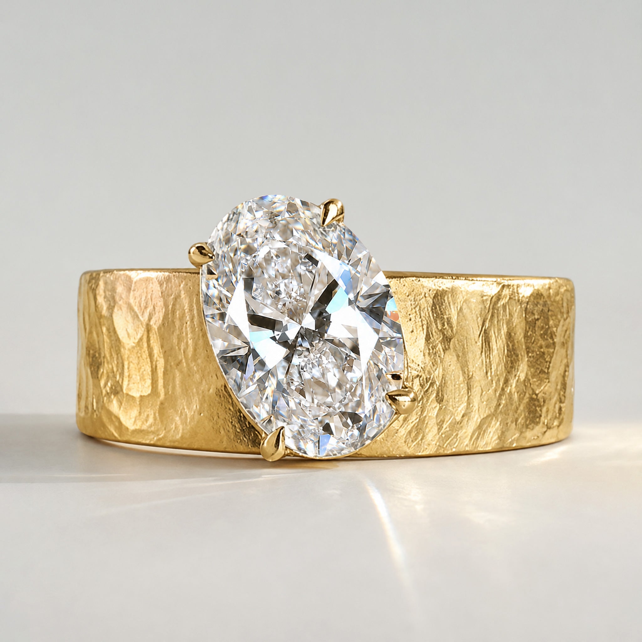 Solitaire Modern Design Oval Cut Lab Grown Diamond Center Stone Hammered Engagement Ring #MCERL0045