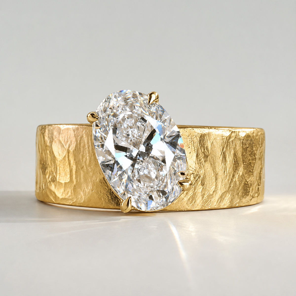 Solitaire Modern Design Oval Cut Lab Grown Diamond Center Stone Hammered Engagement Ring #MCERL0045