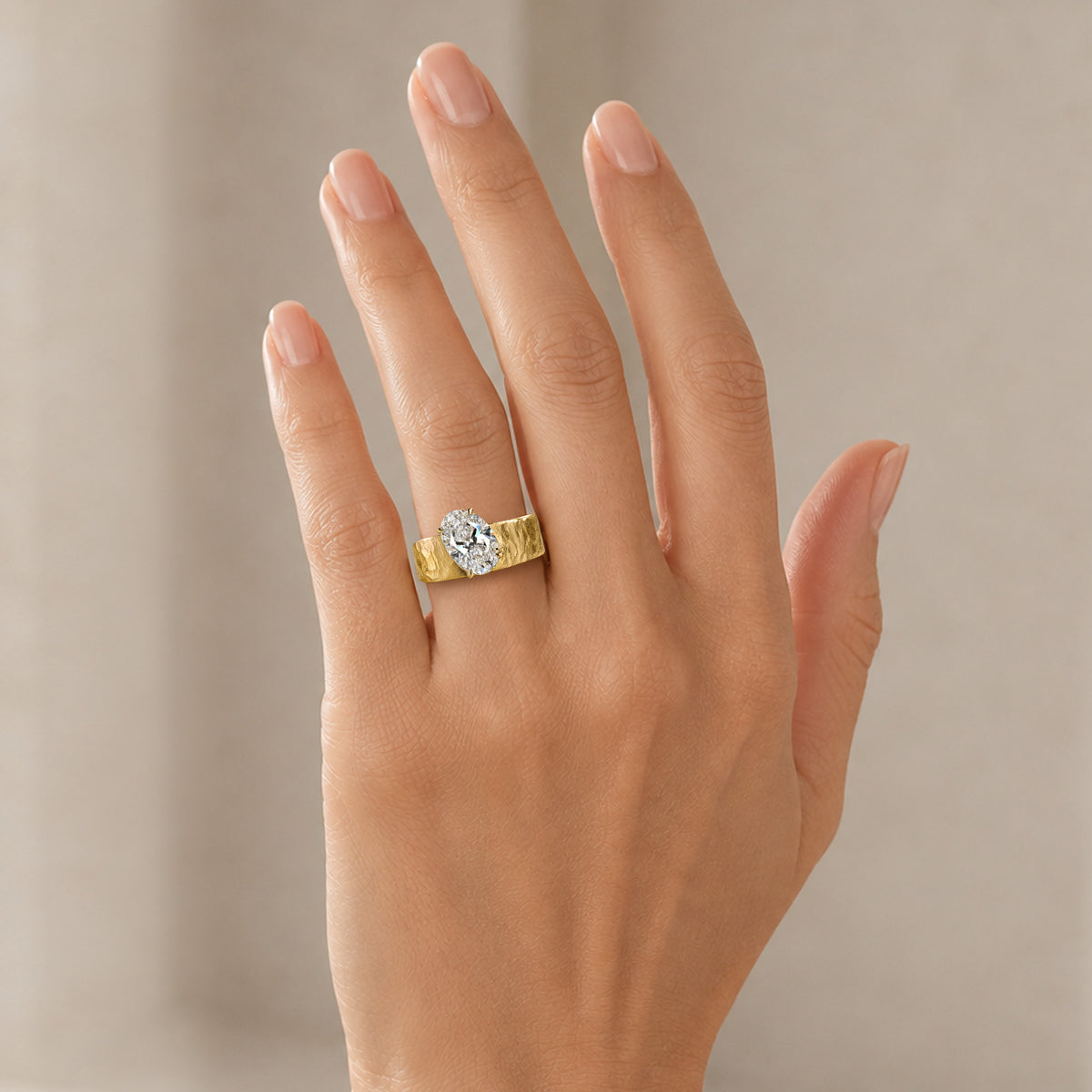 Solitaire Modern Design Oval Cut Lab Grown Diamond Center Stone Hammered Engagement Ring #MCERL0045
