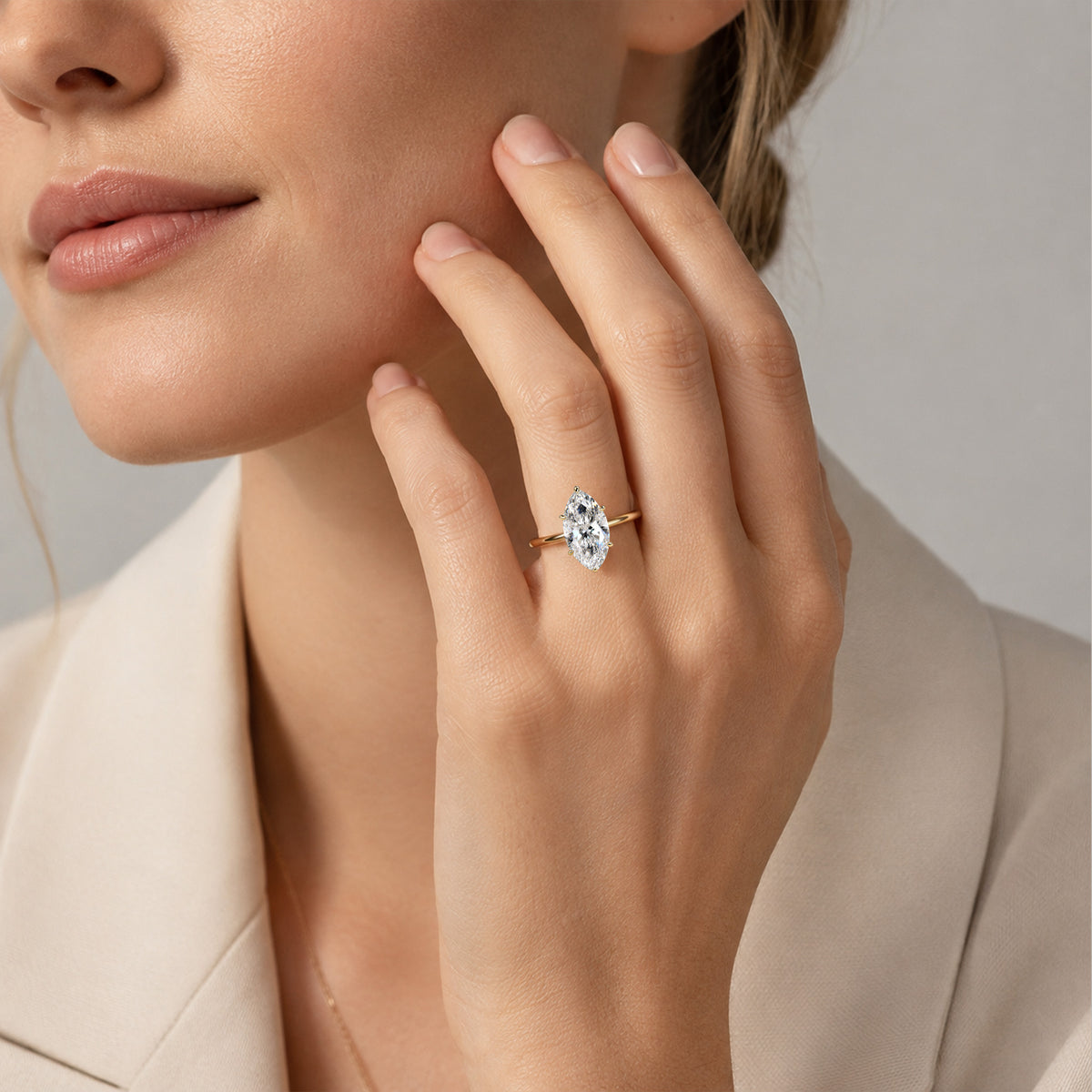 Hidden Halo Modern Design Marquise Cut Lab Grown Diamond Polished Engagement Ring With Round Cut Accent Stones #MCERL0051