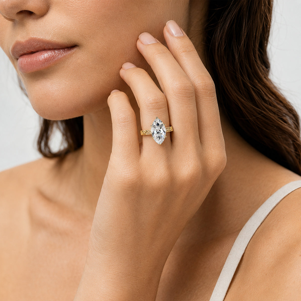 Nature Inspired Vintage Design Marquise Cut Lab Grown Diamond Hidden Halo Basket Milgrain Shank Engraved Engagement Rings With Round Cut Accent Stones #MCERL0052