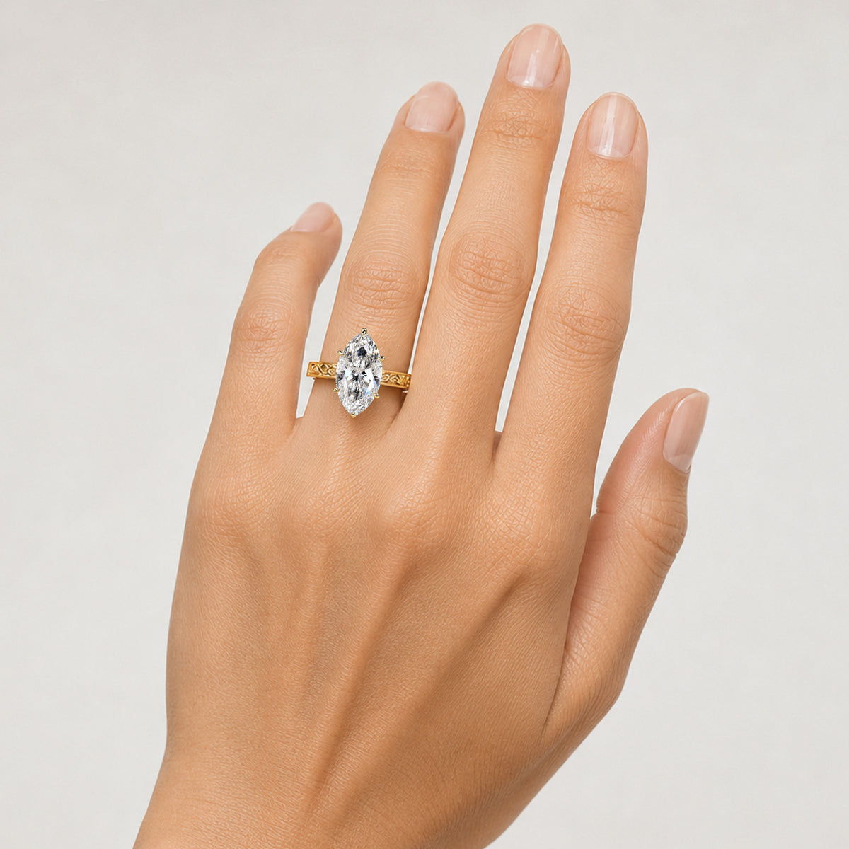 Nature Inspired Vintage Design Marquise Cut Lab Grown Diamond Hidden Halo Basket Milgrain Shank Engraved Engagement Rings With Round Cut Accent Stones #MCERL0052