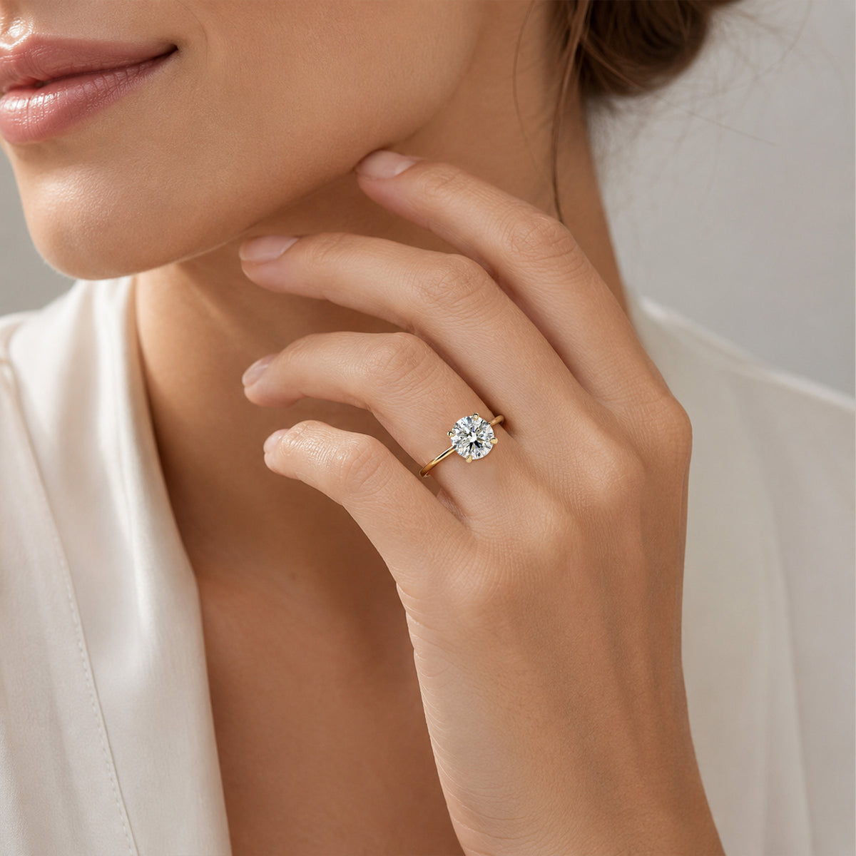 Classic Hidden Halo Design Round Cut Lab Grown Diamond Cathedral Basket Tapered Shank Polished Engagement Ring With Round Cut Accent Stones#MCERL0053