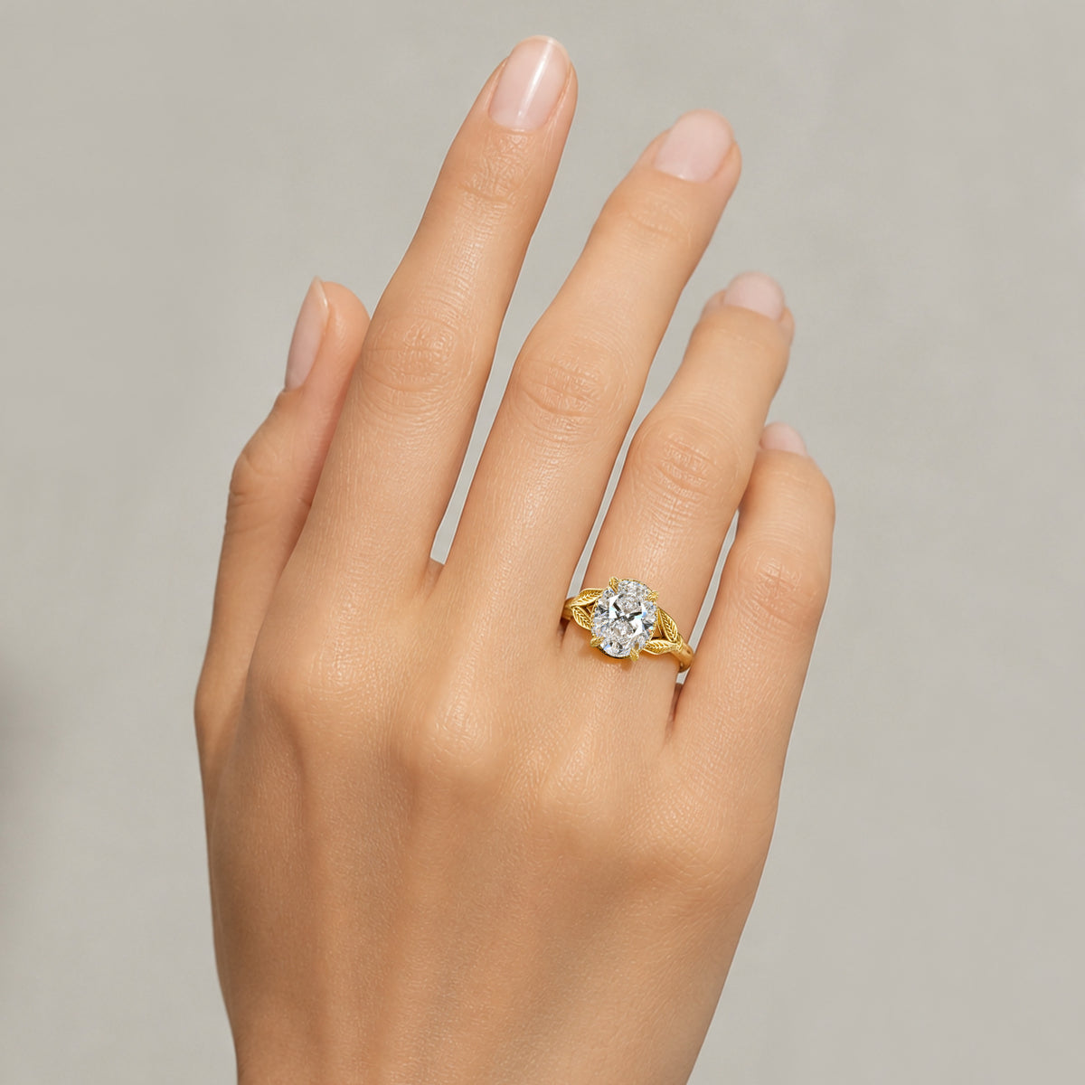 Hidden Halo Nature Inspired Design Oval Cut Lab Grown Diamond Cathedral Basket Engagement Rings With Round Cut Accent Stones #MCERL0054