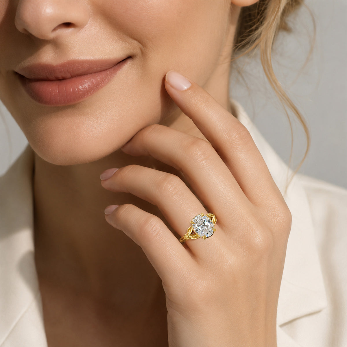 Hidden Halo Nature Inspired Design Oval Cut Lab Grown Diamond Cathedral Basket Engagement Rings With Round Cut Accent Stones #MCERL0054
