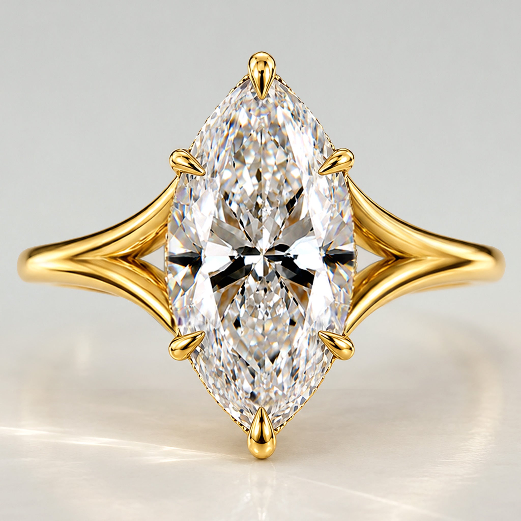 Solitaire Hidden Halo Modern Design Marquise Cut Lab Grown Diamond Center Stone Split Tapered Shank Polished Engagement Ring #MCERL0056