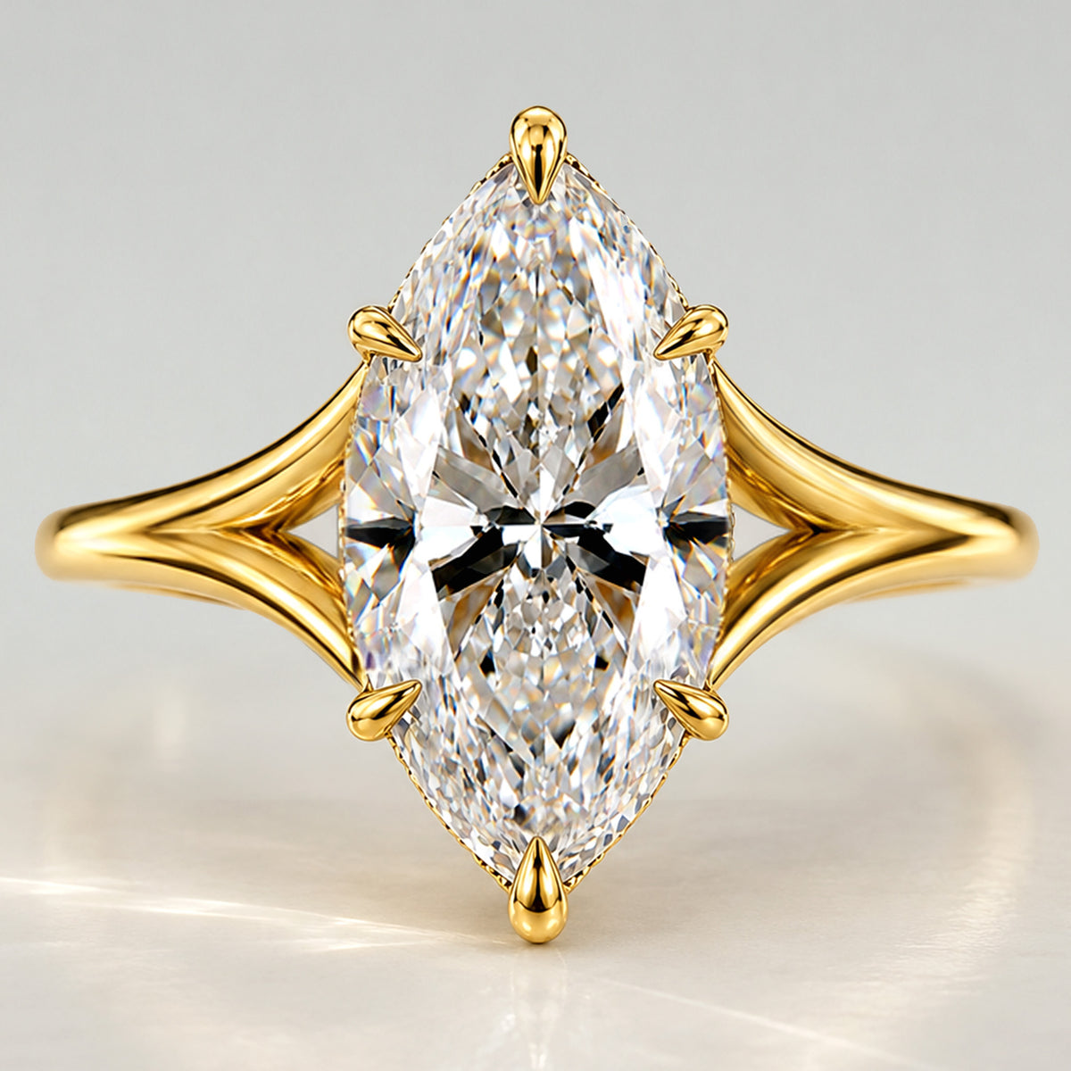 Solitaire Hidden Halo Modern Design Marquise Cut Lab Grown Diamond Center Stone Split Tapered Shank Polished Engagement Ring #MCERL0056