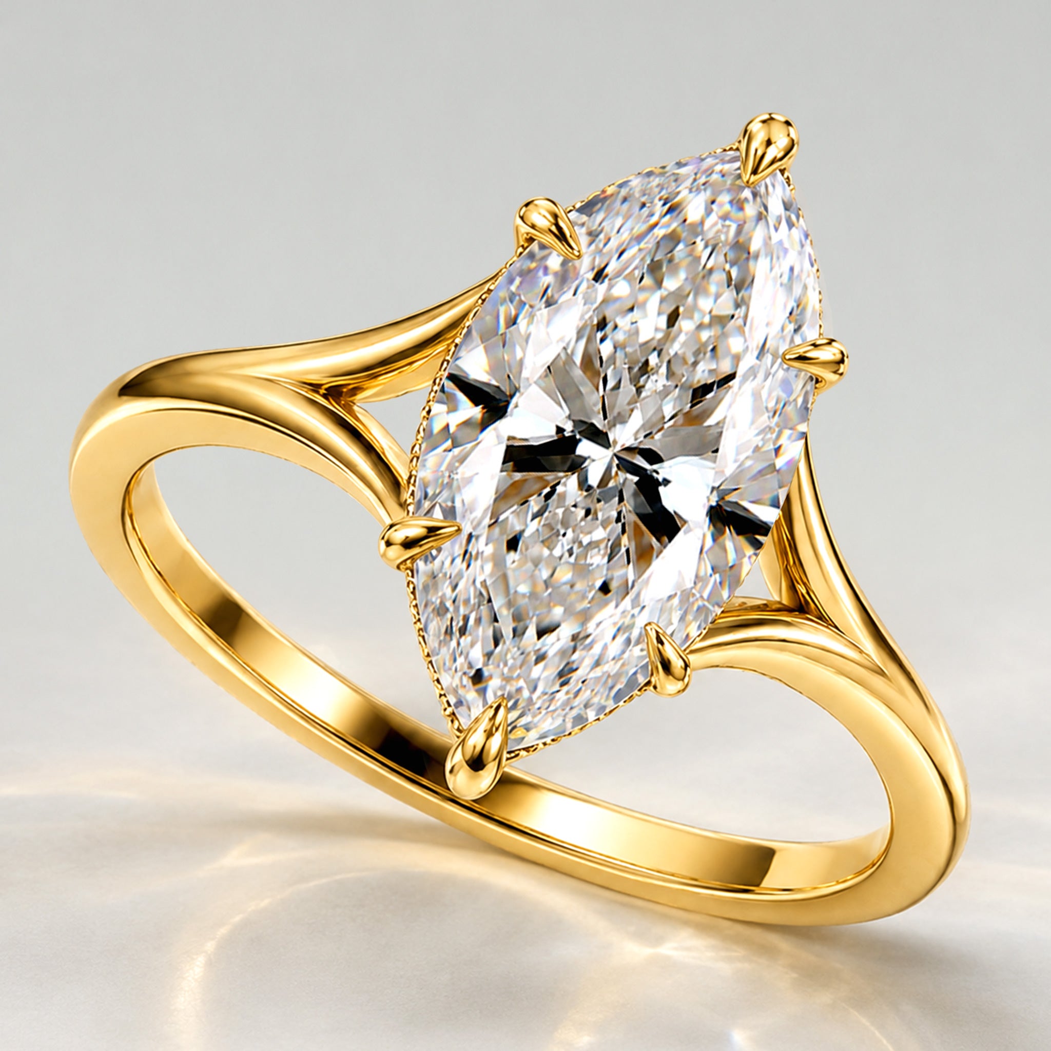Solitaire Hidden Halo Modern Design Marquise Cut Lab Grown Diamond Center Stone Split Tapered Shank Polished Engagement Ring #MCERL0056