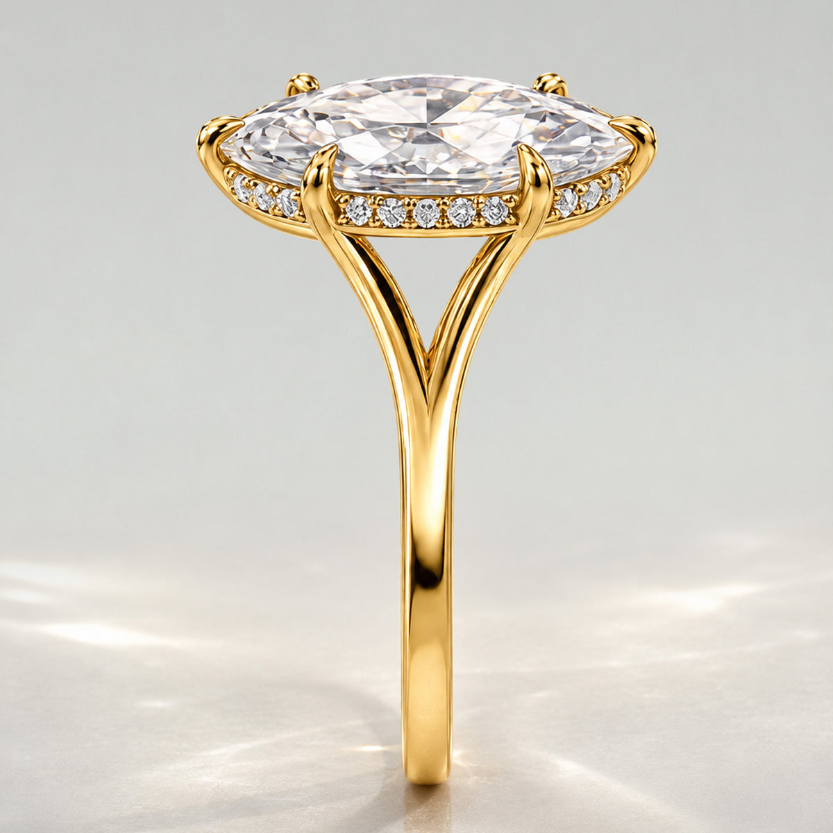 Solitaire Hidden Halo Modern Design Marquise Cut Lab Grown Diamond Center Stone Split Tapered Shank Polished Engagement Ring #MCERL0056
