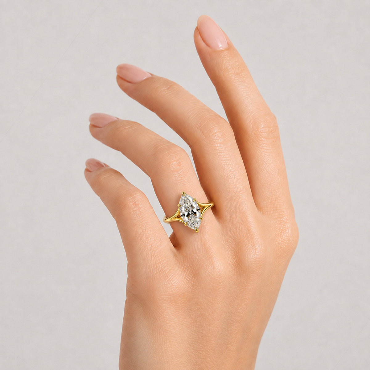 Solitaire Hidden Halo Modern Design Marquise Cut Lab Grown Diamond Center Stone Split Tapered Shank Polished Engagement Ring #MCERL0056