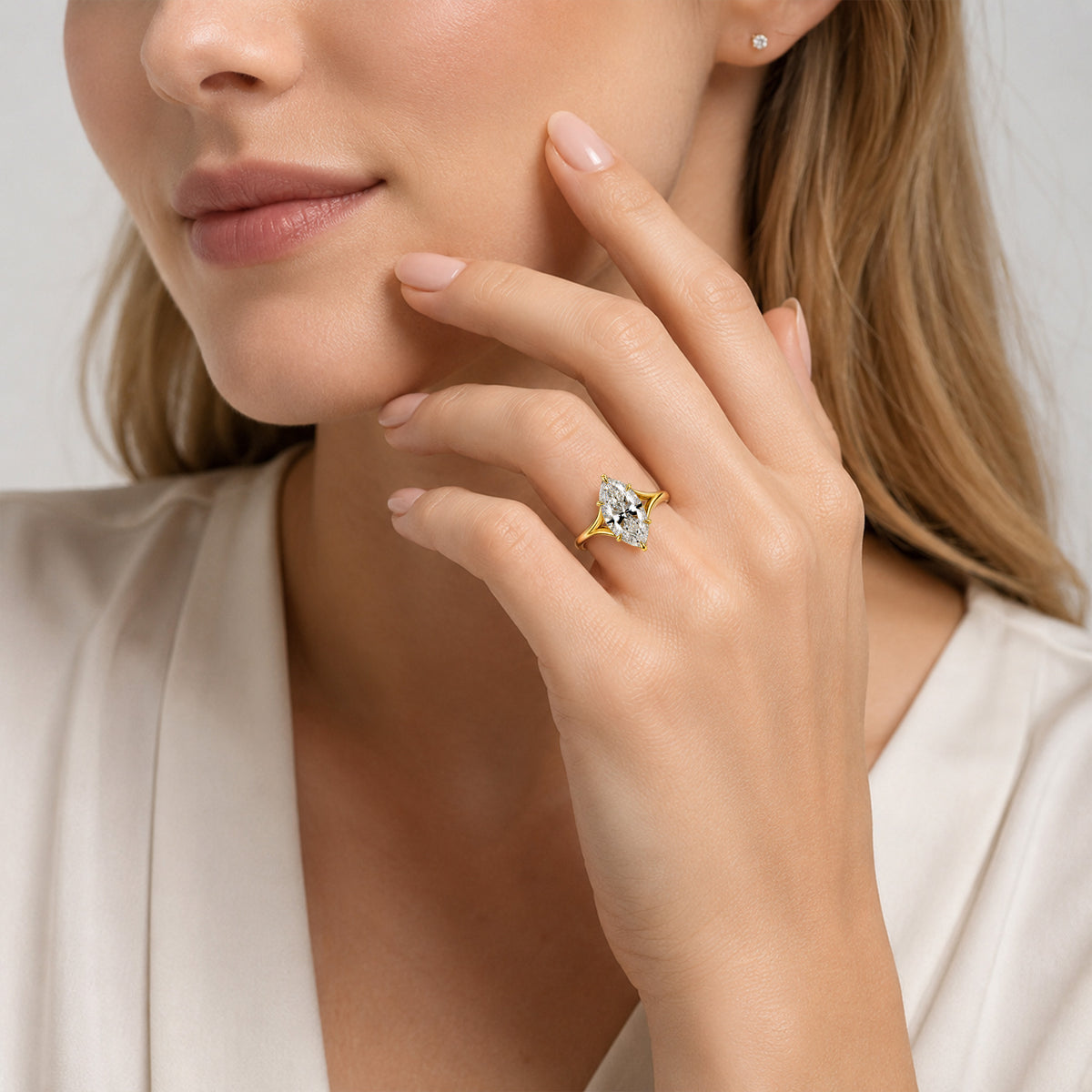 Solitaire Hidden Halo Modern Design Marquise Cut Lab Grown Diamond Center Stone Split Tapered Shank Polished Engagement Ring #MCERL0056