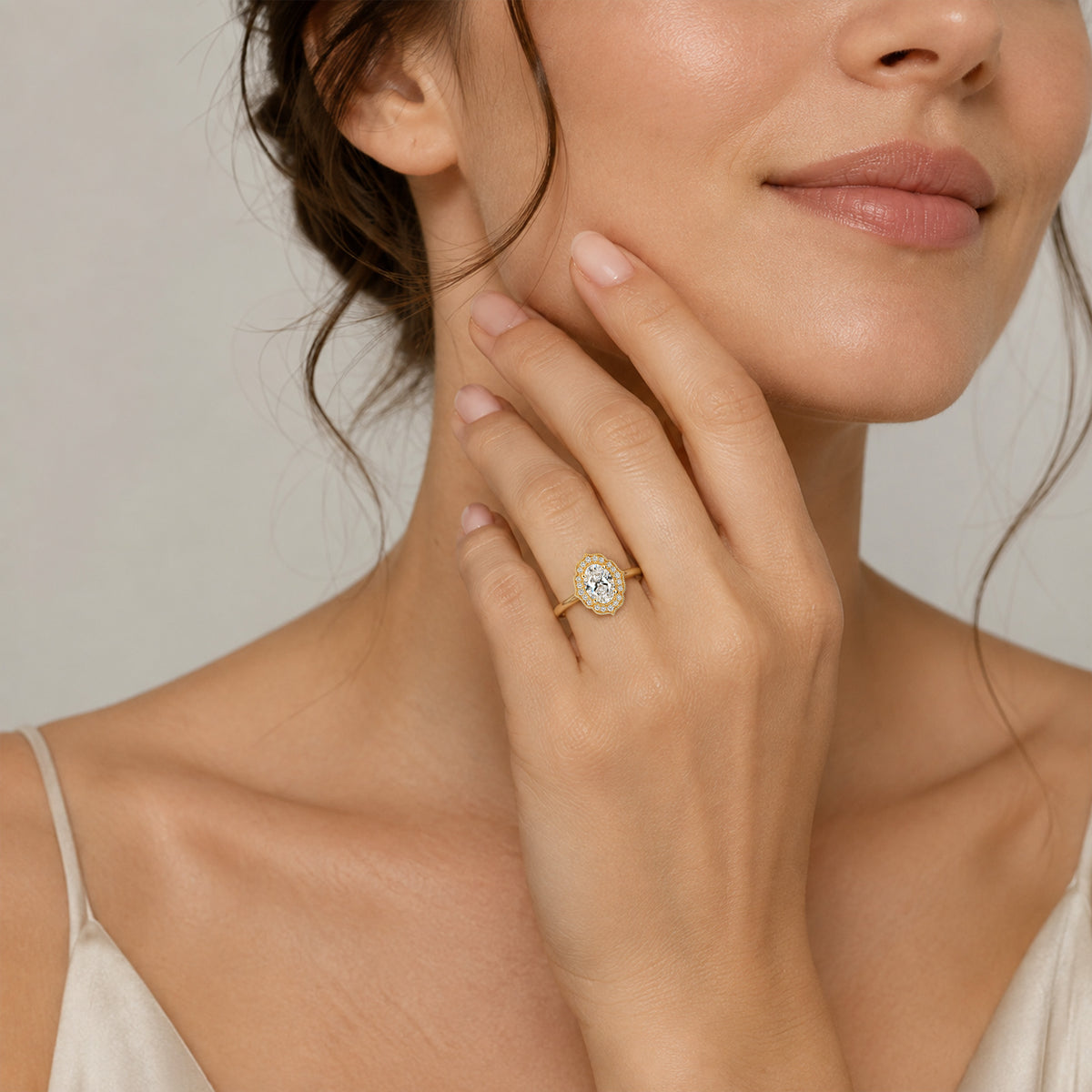 Halo Vintage Design Oval Cut Lab Grown Diamond Cathedral Basket Tapered Shank Polished Engagement Rings With Round Cut Accent Stones#MCERL0058