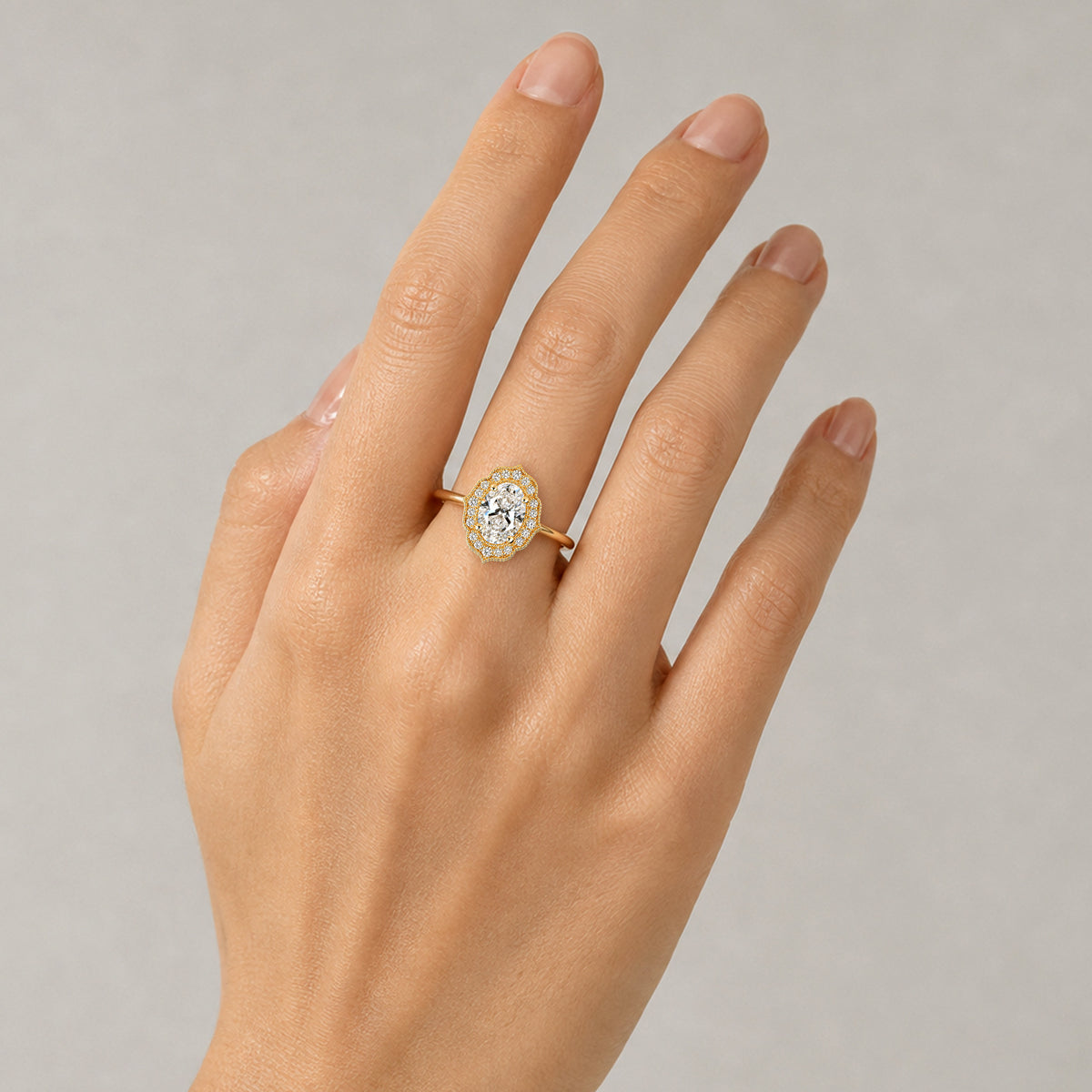 Halo Vintage Design Oval Cut Lab Grown Diamond Cathedral Basket Tapered Shank Polished Engagement Rings With Round Cut Accent Stones#MCERL0058