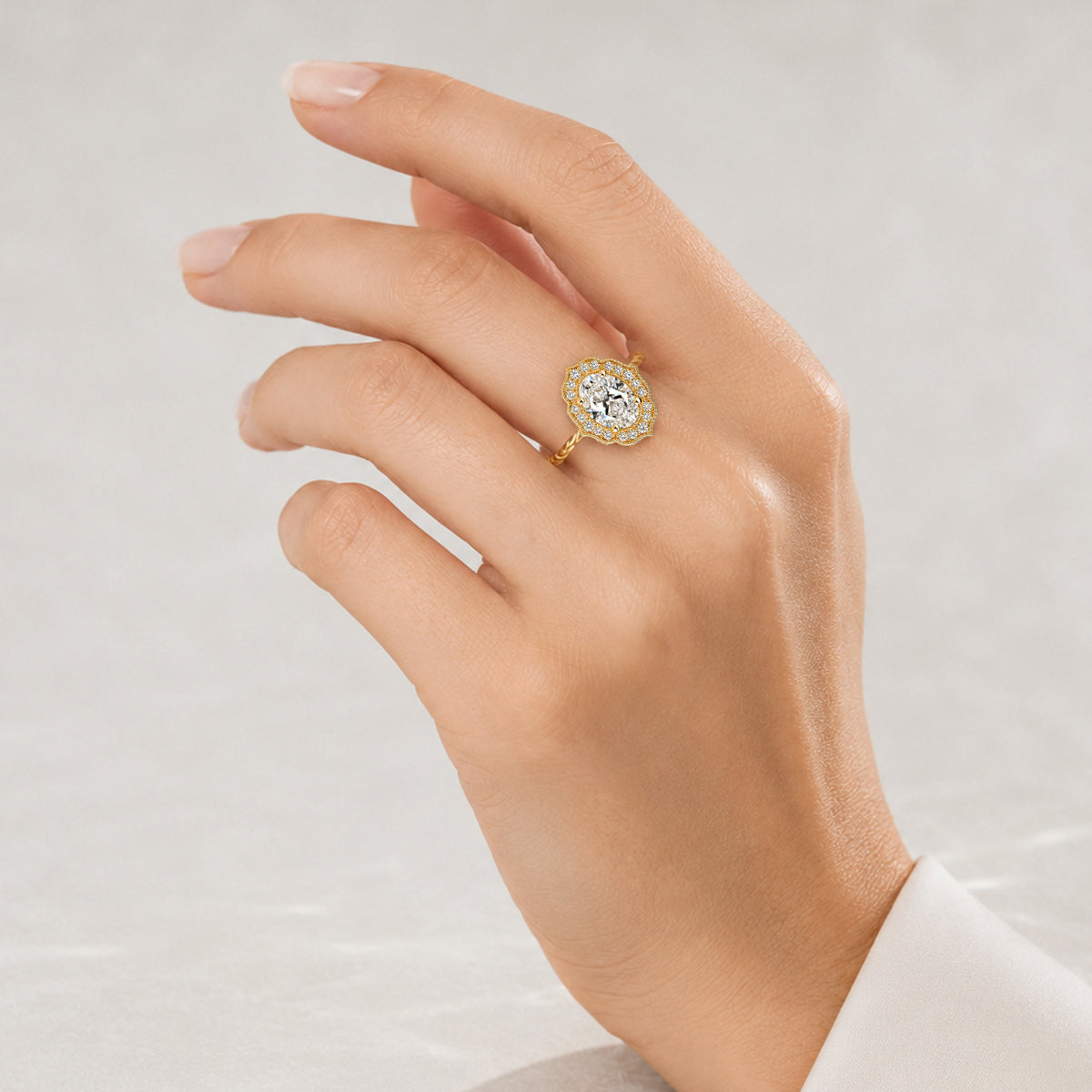 Halo Vintage Design Oval Cut Lab Grown Diamond Standard Basket Twisted Rope Shank Engagement Rings With Round Cut Accent Stones #MCERL0059