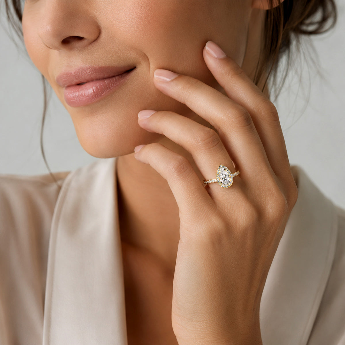 Classic Halo Design Pear Cut Lab Grown Diamond Cathedral Basket Pave Shank Engagement Ring With Round Cut Accent Stones #MCERL0060