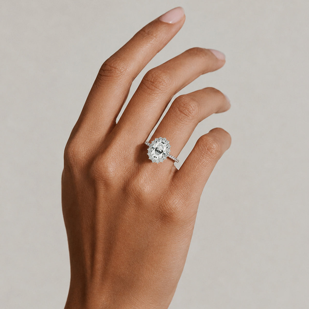 Halo Art Deco Design Oval Cut Lab Grown Diamond Tulip Cathedral Basket Pave Tapered Shank Engagement Ring with Round Cut Accent Stones #MCERL0061