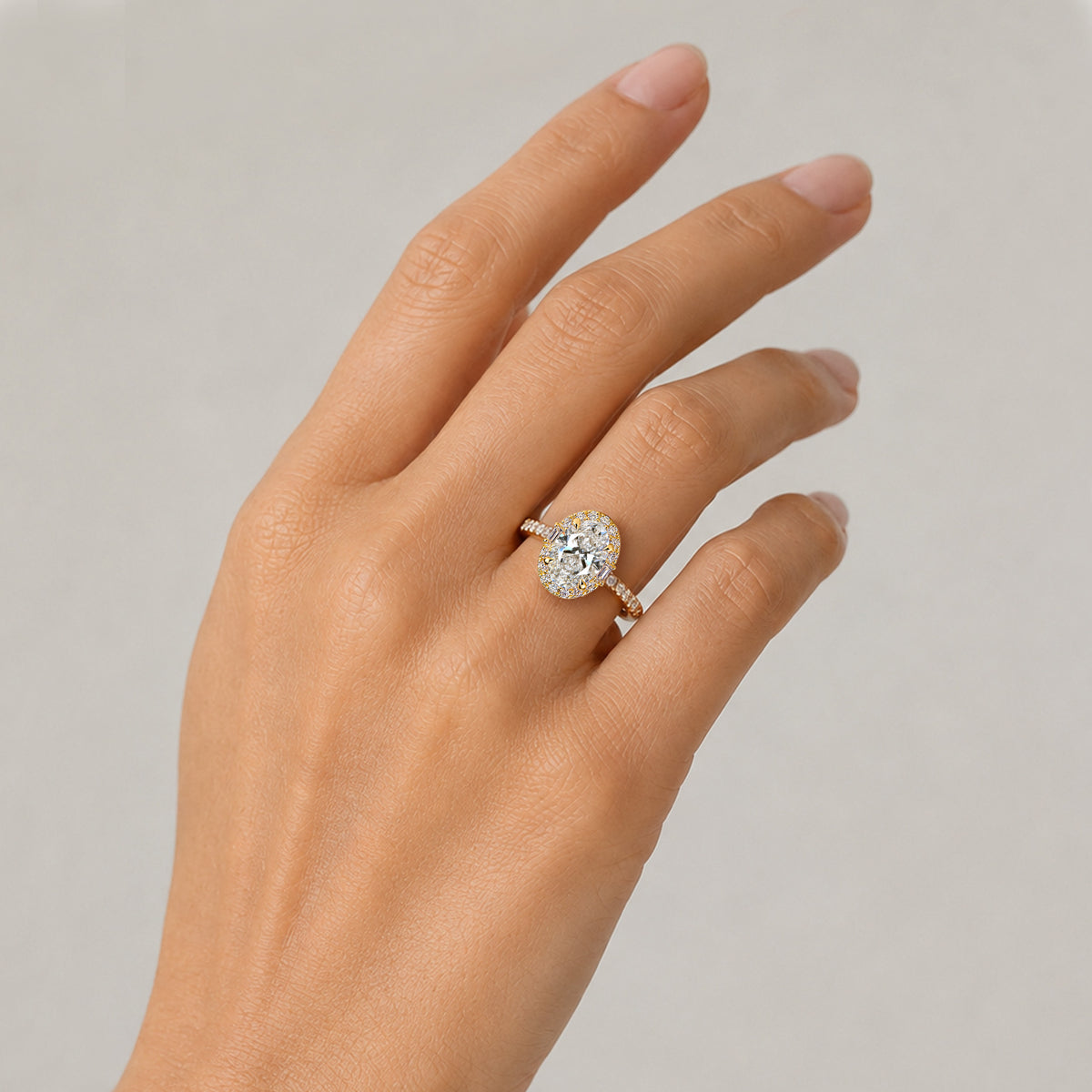 Halo Art Deco Design Oval Cut Lab Grown Diamond Cathedral Basket Pave Tapered Shank Polished Engagement Rings With Round Cut Accent And Baguette Cut Stones #MCERL0063