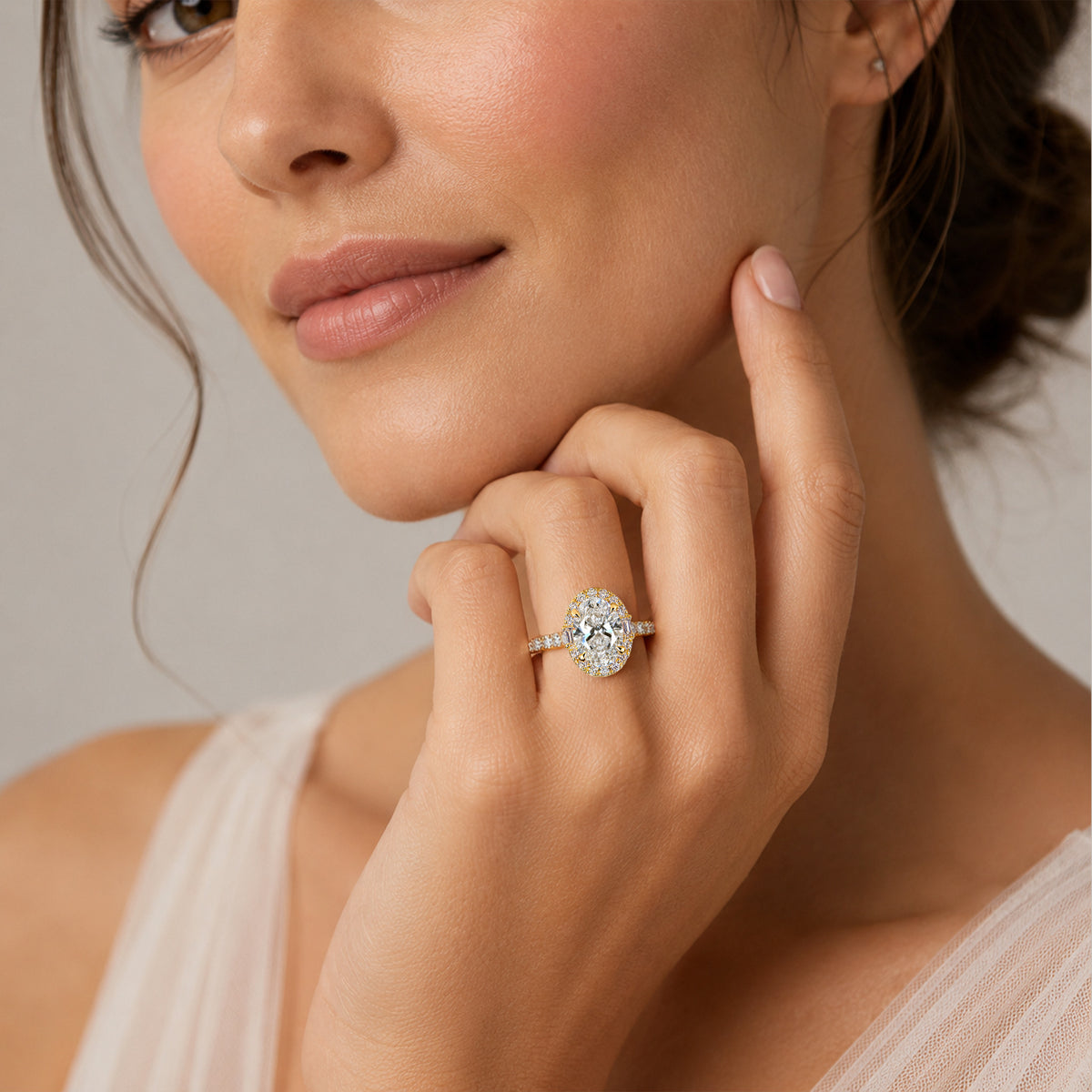 Halo Art Deco Design Oval Cut Lab Grown Diamond Cathedral Basket Pave Tapered Shank Polished Engagement Rings With Round Cut Accent And Baguette Cut Stones #MCERL0063
