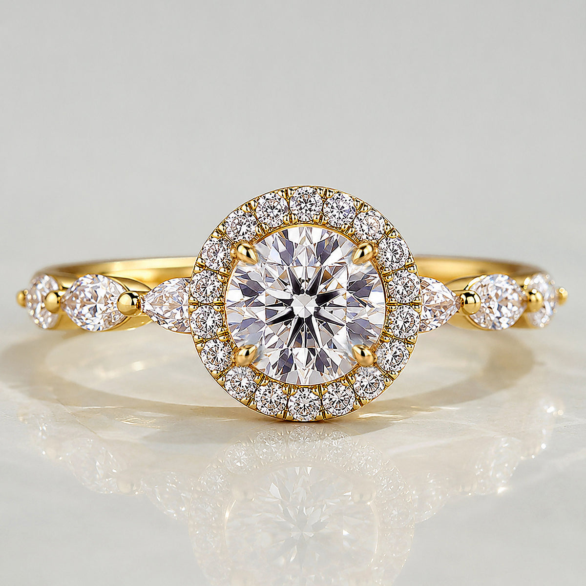 Vintage Halo Design Round Cut Lab Grown Diamond Pave Shank Engagement Ring With Round Cut And Marquise Cut Accent Stones #MCERL0064