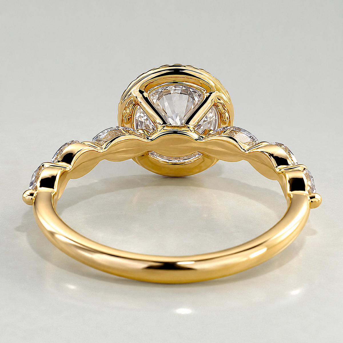 Vintage Halo Design Round Cut Lab Grown Diamond Pave Shank Engagement Ring With Round Cut And Marquise Cut Accent Stones #MCERL0064