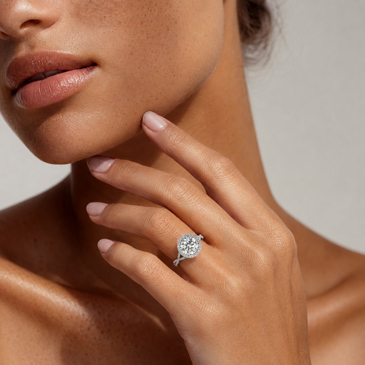 Modern Halo Design Round Cut Lab Grown Diamond Cathedral Basket Pave Infinity Twisted Shank Engagement Ring With Round Cut Accent Stones#MCERL0066