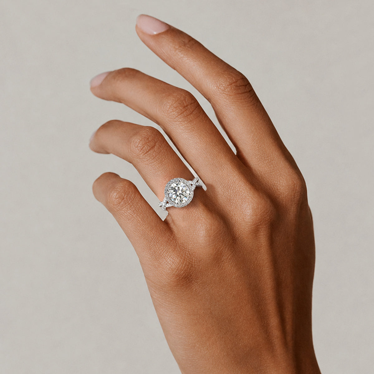 Modern Halo Design Round Cut Lab Grown Diamond Cathedral Basket Pave Infinity Twisted Shank Engagement Ring With Round Cut Accent Stones#MCERL0066