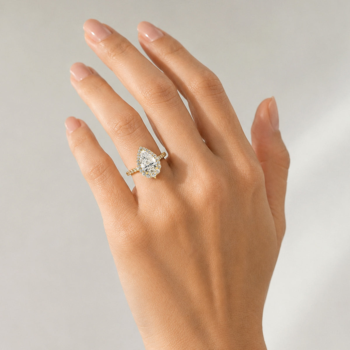 Halo Design Pear Cut Lab Grown Diamond Cathedral Basket Pave Shank Engagement Ring With Round Cut Accent Stones #MCERL0067