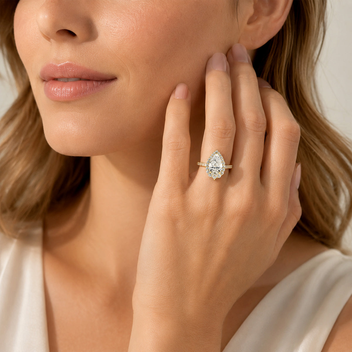 Halo Design Pear Cut Lab Grown Diamond Cathedral Basket Pave Shank Engagement Ring With Round Cut Accent Stones #MCERL0067