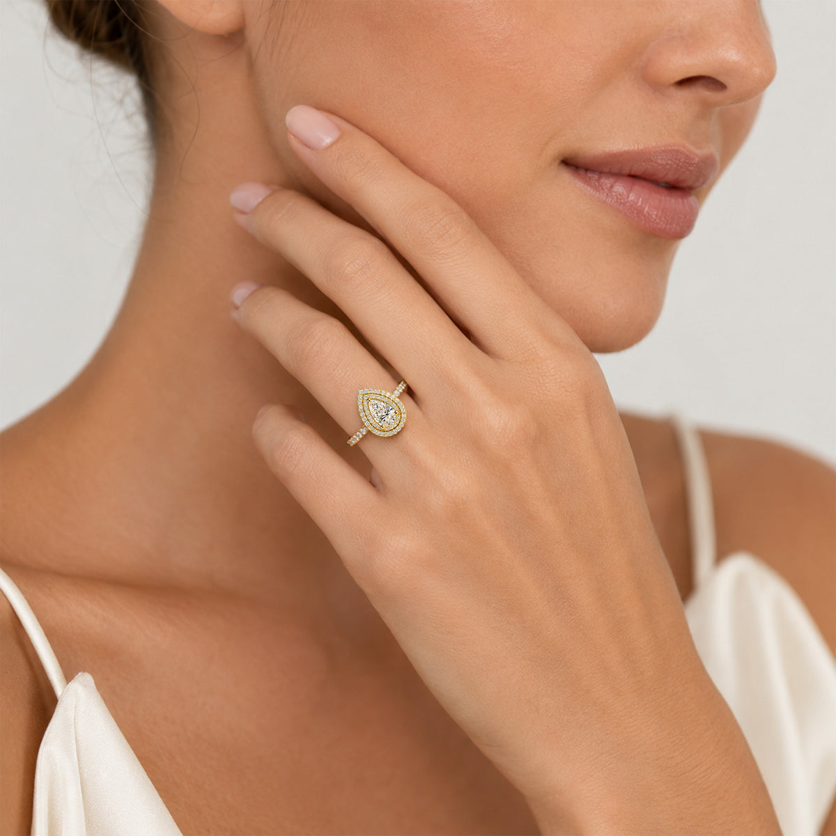 Classic Double Halo Design Pear Cut Lab Grown Diamond Cathedral Basket Pave Shank Engagement Ring With Round Cut Accent Stones #MCERL0068